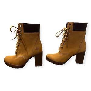 Timberland Glancy Wheat Nubuck Tan Suede Rugged Chunky Urban Block Heel Boot-7.5
